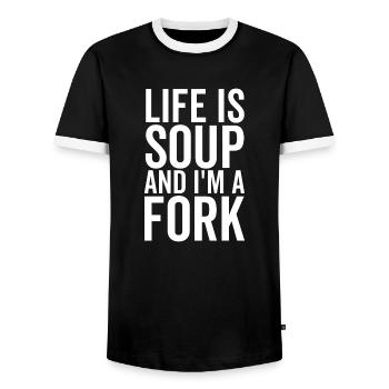 Life is Soup and I'm a Fork - Men's Ringer Shirt - black/white - Front - AI Model Female 172 light (172cm) & AI Model Male 178 light (178cm)