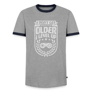 get older level up - Men's Ringer Shirt - grey/navy  - Front - AI Model Female 172 light (172cm) & AI Model Male 178 light (178cm)
