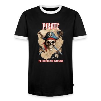 Pirat, ich bin auf der Suche nach einem Schatz. - Männer Kontrast-T-Shirt - Schwarz/Weiß - Vorne - AI Model Female 172 light (172cm) & AI Model Male 178 light (178cm)