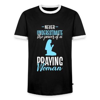 Unterschätze niemals die Macht einer betenden Frau - Männer Kontrast-T-Shirt - Schwarz/Weiß - Vorne - AI Model Female 172 light (172cm) & AI Model Male 178 light (178cm)