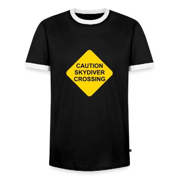Shield Caution Skydiver Crossing - Men's Ringer Shirt - black/white - Front - AI Model Female 172 light (172cm) & AI Model Male 178 light (178cm)