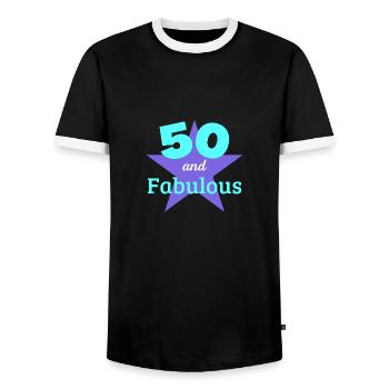 50 years old and fabulous - born 1973 - Men's Ringer Shirt - black/white - Front - AI Model Female 172 light (172cm) & AI Model Male 178 light (178cm)