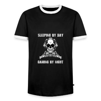 Sleeping By Day Gaming By Night white T-shirt - Men's Ringer Shirt - black/white - Front - AI Model Female 172 light (172cm) & AI Model Male 178 light (178cm)