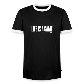 life is a game by wam - Men's Ringer Shirt - black/white - Front - AI Model Female 172 light (172cm) & AI Model Male 178 light (178cm)