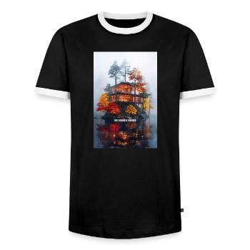 NO ADDRESS NEEDED - Modern Autumn Island Villa - Men's Ringer Shirt - black/white - Front - AI Model Female 172 light (172cm) & AI Model Male 178 light (178cm)