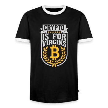 crypto is for virgins - Männer Kontrast-T-Shirt - Schwarz/Weiß - Vorne - AI Model Female 172 light (172cm) & AI Model Male 178 light (178cm)