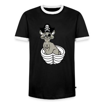 Pirat Katze Seeräuber Augenklappe Hut Ruderboot - Männer Kontrast-T-Shirt - Schwarz/Weiß - Vorne - AI Model Female 172 light (172cm) & AI Model Male 178 light (178cm)