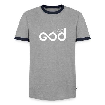 In The Beginning God... - White Print - Men's Ringer Shirt - grey/navy  - Front - AI Model Female 172 light (172cm) & AI Model Male 178 light (178cm)