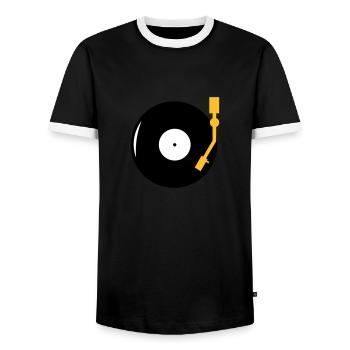 LP - DJ - Turntable - Men's Ringer Shirt - black/white - Front - AI Model Female 172 light (172cm) & AI Model Male 178 light (178cm)