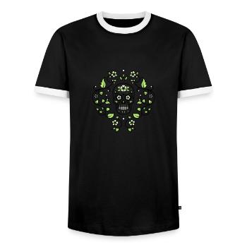 Sugar skull flower pattern t shirt graphic - Men's Ringer Shirt - black/white - Front - AI Model Female 172 light (172cm) & AI Model Male 178 light (178cm)