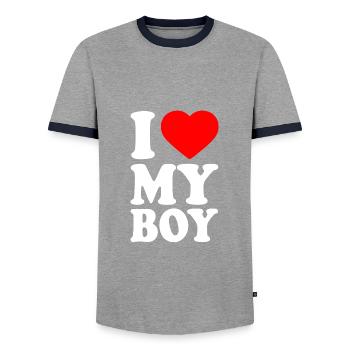 I love my boy - Men's Ringer Shirt - grey/navy  - Front - AI Model Female 172 light (172cm) & AI Model Male 178 light (178cm)