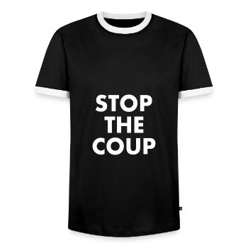 stop the coup - Männer Kontrast-T-Shirt - Schwarz/Weiß - Vorne - AI Model Female 172 light (172cm) & AI Model Male 178 light (178cm)