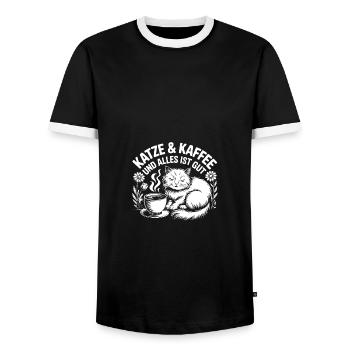 Katze und Kaffee und alles wird gut - Männer Kontrast-T-Shirt - Schwarz/Weiß - Vorne - AI Model Female 172 light (172cm) & AI Model Male 178 light (178cm)