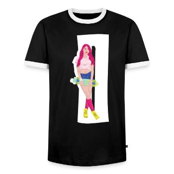 Rothaarige Skaterin mit Skateboard - Männer Kontrast-T-Shirt - Schwarz/Weiß - Vorne - AI Model Female 172 light (172cm) & AI Model Male 178 light (178cm)