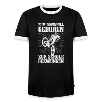 MTB Spruch - Zum Downhill Geboren zur Schule gezwu - Männer Kontrast-T-Shirt - Schwarz/Weiß - Vorne - AI Model Female 172 light (172cm) & AI Model Male 178 light (178cm)