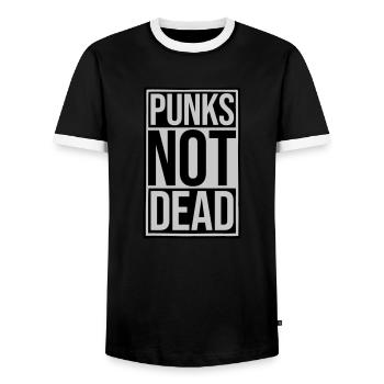 punks not dead quote - Men's Ringer Shirt - black/white - Front - AI Model Female 172 light (172cm) & AI Model Male 178 light (178cm)
