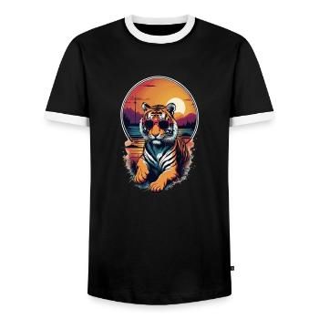 tigre avec lunette soleil et coucher de soleil - T-shirt contrasté Homme - noir/blanc - Devant - AI Model Female 172 light (172cm) & AI Model Male 178 light (178cm)