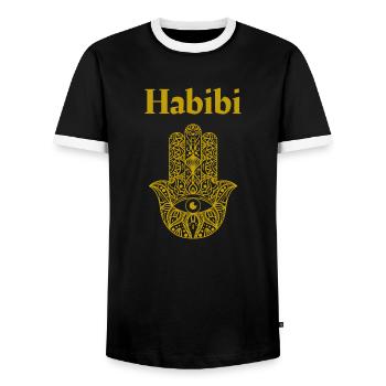 Habibi. Golden Hand of Fatima - Men's Ringer Shirt - black/white - Front - AI Model Female 172 light (172cm) & AI Model Male 178 light (178cm)