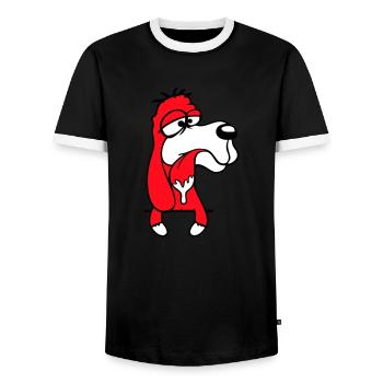 Dog Behind Wall Fence Drooling Spit Tongue Funny - Men's Ringer Shirt - black/white - Front - AI Model Female 172 light (172cm) & AI Model Male 178 light (178cm)