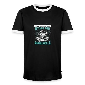 Links eingestellt ist nur der Griff der Angelrolle - Männer Kontrast-T-Shirt - Schwarz/Weiß - Vorne - AI Model Female 172 light (172cm) & AI Model Male 178 light (178cm)