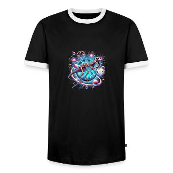 Space Dino Happy New Year 2025 - Männer Kontrast-T-Shirt - Schwarz/Weiß - Vorne - AI Model Female 172 light (172cm) & AI Model Male 178 light (178cm)