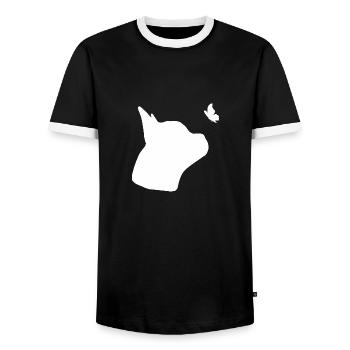 Französische Bulldogge mit Schmetterling - Männer Kontrast-T-Shirt - Schwarz/Weiß - Vorne - AI Model Female 172 light (172cm) & AI Model Male 178 light (178cm)