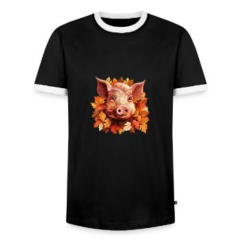 Schweingesicht im bunten Herbstlaub - Männer Kontrast-T-Shirt - Schwarz/Weiß - Vorne - AI Model Female 172 light (172cm) & AI Model Male 178 light (178cm)