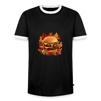 Herbstlicher Hamburger: Fast Food im Laub - Männer Kontrast-T-Shirt - Schwarz/Weiß - Vorne - AI Model Female 172 light (172cm) & AI Model Male 178 light (178cm)