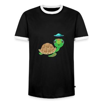 Alien, UFO and Turtle: Adventurous - Men's Ringer Shirt - black/white - Front - AI Model Female 172 light (172cm) & AI Model Male 178 light (178cm)