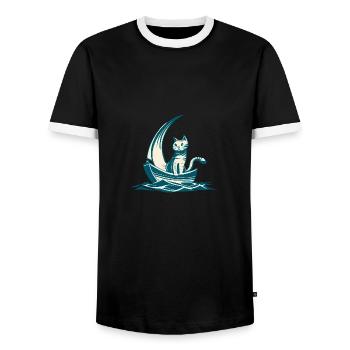 Art abstrait minimaliste - Cat on Boat D - T-shirt contrasté Homme - noir/blanc - Devant - AI Model Female 172 light (172cm) & AI Model Male 178 light (178cm)