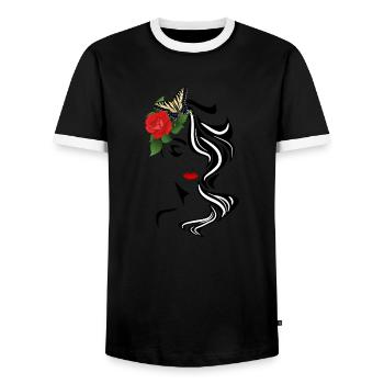 Visage avec papillon et rose - T-shirt contrasté Homme - noir/blanc - Devant - AI Model Female 172 light (172cm) & AI Model Male 178 light (178cm)