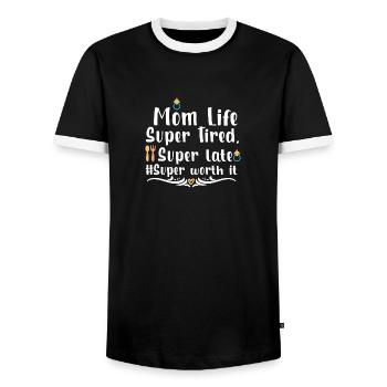 Mom Life Super Tired Super late Super worth it - Men's Ringer Shirt - black/white - Front - AI Model Female 172 light (172cm) & AI Model Male 178 light (178cm)