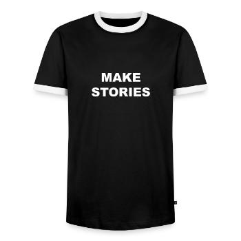 Make Stories Apparel - White - Men's Ringer Shirt - black/white - Front - AI Model Female 172 light (172cm) & AI Model Male 178 light (178cm)