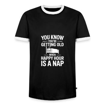 You know you're Getting Old Happy Hour Nap Funny - Men's Ringer Shirt - black/white - Front - AI Model Female 172 light (172cm) & AI Model Male 178 light (178cm)