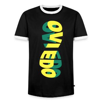 Oviedo Spain City Skyline Font Colorful - Men's Ringer Shirt - black/white - Front - AI Model Female 172 light (172cm) & AI Model Male 178 light (178cm)