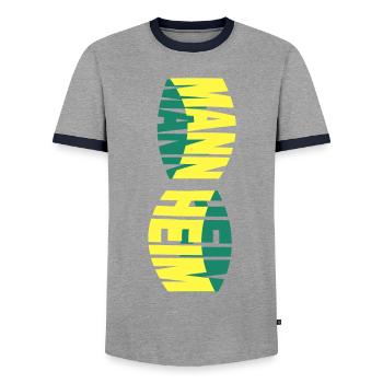 Mannheim Germany City Skyline Font Colorful - Men's Ringer Shirt - grey/navy  - Front - AI Model Female 172 light (172cm) & AI Model Male 178 light (178cm)