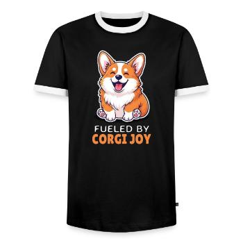Corgi Saying Fueled by Joy for Dog Lovers - Men's Ringer Shirt - black/white - Front - AI Model Female 172 light (172cm) & AI Model Male 178 light (178cm)