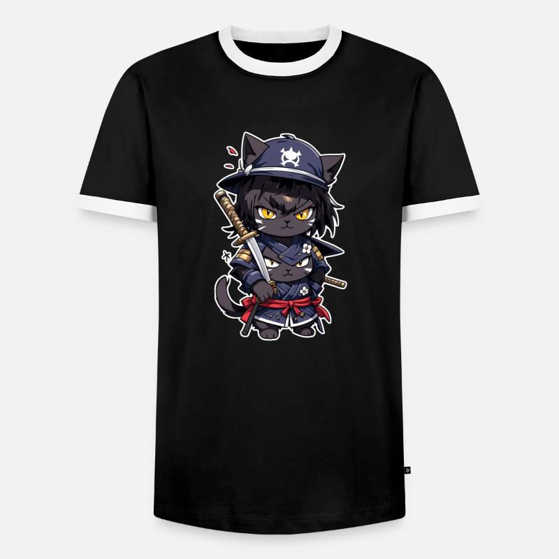 Ninja Katze - Samurai Kätzchen - Männer Kontrast-T-Shirt - Schwarz/Weiß
