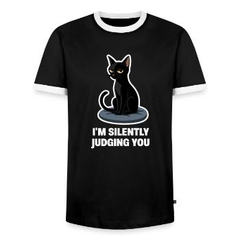 I’m Just Judging You – Sarcastic Black Cat Design - Men's Ringer Shirt - black/white - Front - AI Model Female 172 light (172cm) & AI Model Male 178 light (178cm)