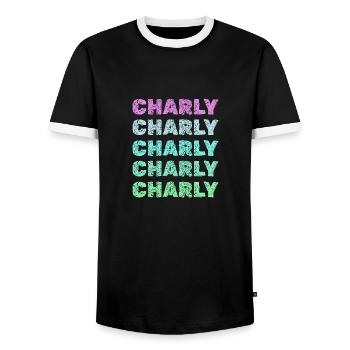 First name Charly - Men's Ringer Shirt - black/white - Front - AI Model Female 172 light (172cm) & AI Model Male 178 light (178cm)