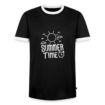 SOMMER ZEIT WARM STRAND URLAUB SONNE SPRUCH MOTIV - Männer Kontrast-T-Shirt - Schwarz/Weiß - Vorne - AI Model Female 172 light (172cm) & AI Model Male 178 light (178cm)