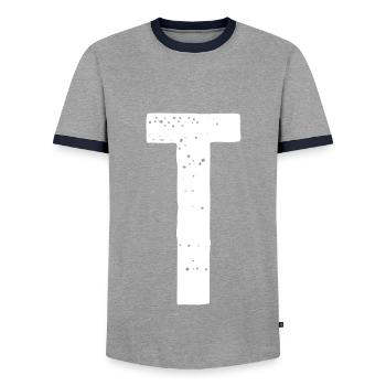 T Letter - Men's Ringer Shirt - grey/navy  - Front - AI Model Female 172 light (172cm) & AI Model Male 178 light (178cm)
