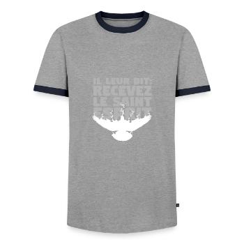 Receive Comforter - English - Men's Ringer Shirt - grey/navy  - Front - AI Model Female 172 light (172cm) & AI Model Male 178 light (178cm)