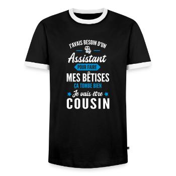 assistant / je vais être cousin / futur cousin - T-shirt contrasté Homme - noir/blanc - Devant - AI Model Female 172 light (172cm) & AI Model Male 178 light (178cm)