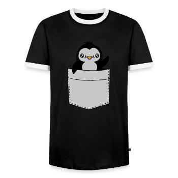 Waving Chest Pocket Penguin - Men's Ringer Shirt - black/white - Front - AI Model Female 172 light (172cm) & AI Model Male 178 light (178cm)