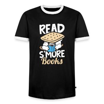 Read Smore Books Cute Marshmallow Men Camping - Men's Ringer Shirt - black/white - Front - AI Model Female 172 light (172cm) & AI Model Male 178 light (178cm)
