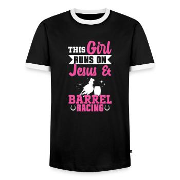 Cheval de course de barils de rodéo - T-shirt contrasté Homme - noir/blanc - Devant - AI Model Female 172 light (172cm) & AI Model Male 178 light (178cm)