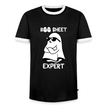 Halloween Humor Funny Ghost Boo Sheet Expert - Men's Ringer Shirt - black/white - Front - AI Model Female 172 light (172cm) & AI Model Male 178 light (178cm)