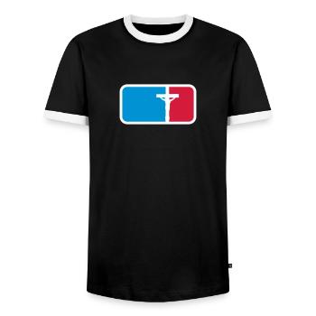 Sport red blue dead pinned cross symbol team crew - Men's Ringer Shirt - black/white - Front - AI Model Female 172 light (172cm) & AI Model Male 178 light (178cm)