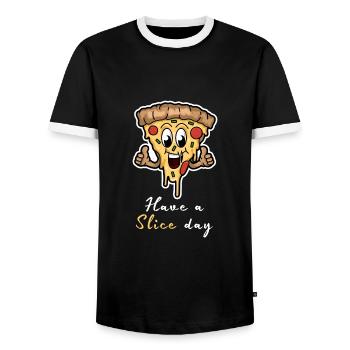 Have A Slice Day - Happy Pizza Slice - Men's Ringer Shirt - black/white - Front - AI Model Female 172 light (172cm) & AI Model Male 178 light (178cm)
